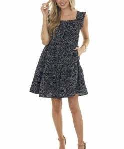 Ces Femme Dresses Black Ditsy Floral Textured Square Neck Dress