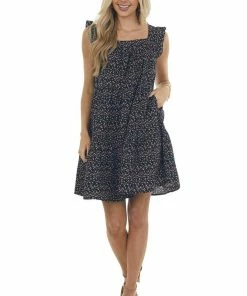Ces Femme Dresses Black Ditsy Floral Textured Square Neck Dress