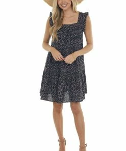 Ces Femme Dresses Black Ditsy Floral Textured Square Neck Dress