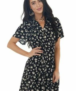 Umgee Black Ditsy Floral Tiered Babydoll Short Dress With Collar