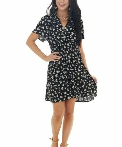 Umgee Black Ditsy Floral Tiered Babydoll Short Dress With Collar