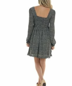 She + Sky Black Ditsy Leaf Print Long Sleeve Short Dress Dresses