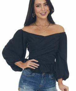 Entro Black Draped Criss Cross Cropped Peplum Blouse