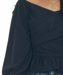 Entro Black Draped Criss Cross Cropped Peplum Blouse
