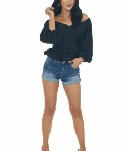 Entro Black Draped Criss Cross Cropped Peplum Blouse