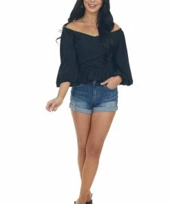 Entro Black Draped Criss Cross Cropped Peplum Blouse