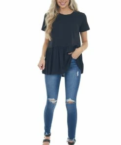 Entro Tops Black Drop Waist Soft Short Sleeve Top