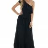 Main Strip Black Elastic Off Shoulder Ruffle Maxi Dress Dresses