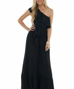 Main Strip Black Elastic Off Shoulder Ruffle Maxi Dress Dresses
