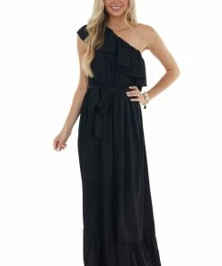 Main Strip Black Elastic Off Shoulder Ruffle Maxi Dress Dresses