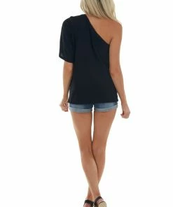 BiBi Tops Black Elastic One Shoulder Jersey Knit Top