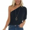 BiBi Tops Black Elastic One Shoulder Jersey Knit Top