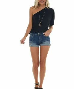 BiBi Tops Black Elastic One Shoulder Jersey Knit Top