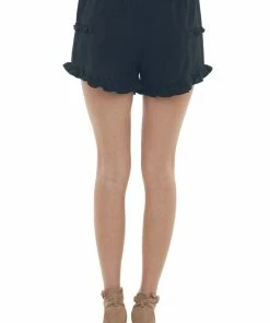 Umgee Black Elastic Waist Tiered Frill Shorts Bottoms