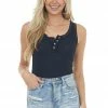 La Miel Tops Black Exposed Seam Ribbed Henley Tank Top