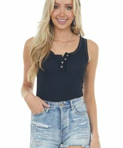 La Miel Tops Black Exposed Seam Ribbed Henley Tank Top