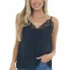 Umgee Black Eyelash Lace Adjustable Strap Cami Tops