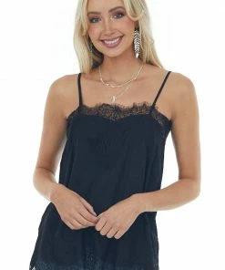 Heyson Black Eyelash Lace Trim Adjustable Strap Cami