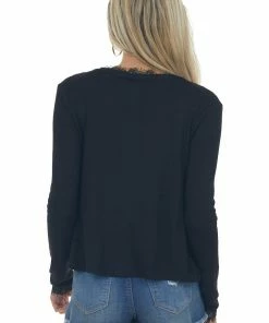 ZENANA Tops Black Eyelash Lace V Neck Ribbed Knit Cardigan