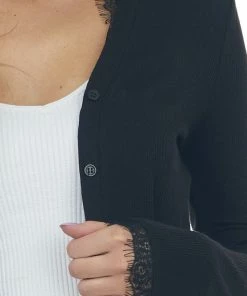ZENANA Tops Black Eyelash Lace V Neck Ribbed Knit Cardigan