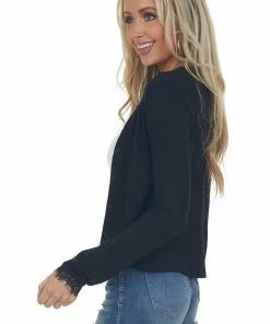ZENANA Tops Black Eyelash Lace V Neck Ribbed Knit Cardigan