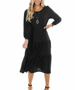 Les Amis Black Eyelet Drop Waist Midi Dress With Tiered Ruffles Dresses