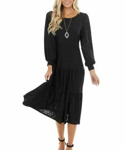 Les Amis Black Eyelet Drop Waist Midi Dress With Tiered Ruffles Dresses