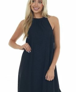 Haptics Dresses Black Eyelet Knit Halter Neckline Short Dress