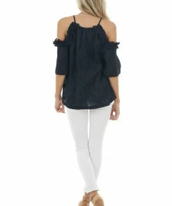 Davi & Dani Black Eyelet Lace Cold Shoulder Halter Neckline Blouse
