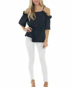 Davi & Dani Black Eyelet Lace Cold Shoulder Halter Neckline Blouse