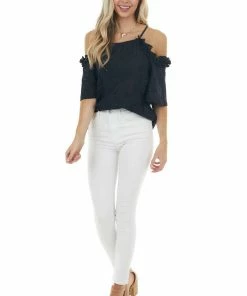 Davi & Dani Black Eyelet Lace Cold Shoulder Halter Neckline Blouse