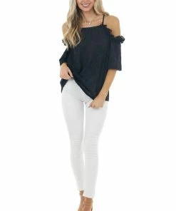 Davi & Dani Black Eyelet Lace Cold Shoulder Halter Neckline Blouse