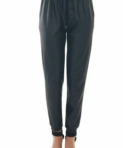 First Love Black Faux Leather Drawstring Waist Joggers Bottoms