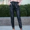 First Love Black Faux Leather Drawstring Waist Joggers Bottoms
