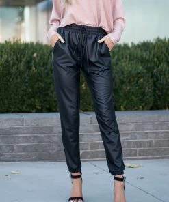 First Love Black Faux Leather Drawstring Waist Joggers Bottoms
