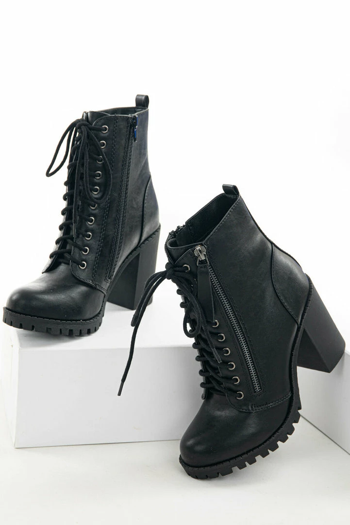 FORTUNE DYNAMIC Shoes Black Faux Leather Heeled Combat Booties 7 FORTUNE DYNAMIC Shoes Black Faux Leather Heeled Combat Booties
