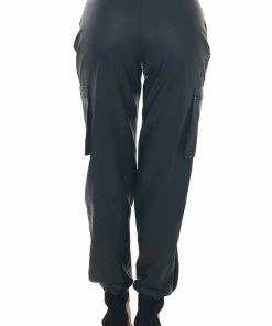 KanCan Black Faux Leather High Rise Cargo Joggers Bottoms
