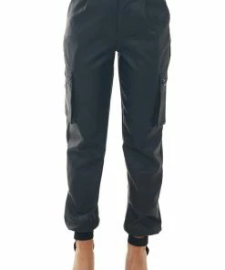 KanCan Black Faux Leather High Rise Cargo Joggers Bottoms