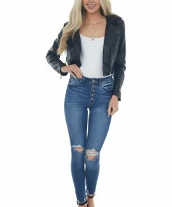 Coalition Black Faux Leather Hooded Cropped Moto Jacket