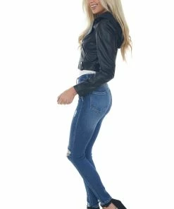 Coalition Black Faux Leather Hooded Cropped Moto Jacket