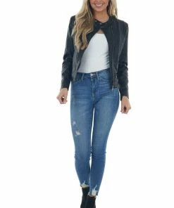 Coalition Black Faux Leather Quilted Detail Moto Jacket Outerwear