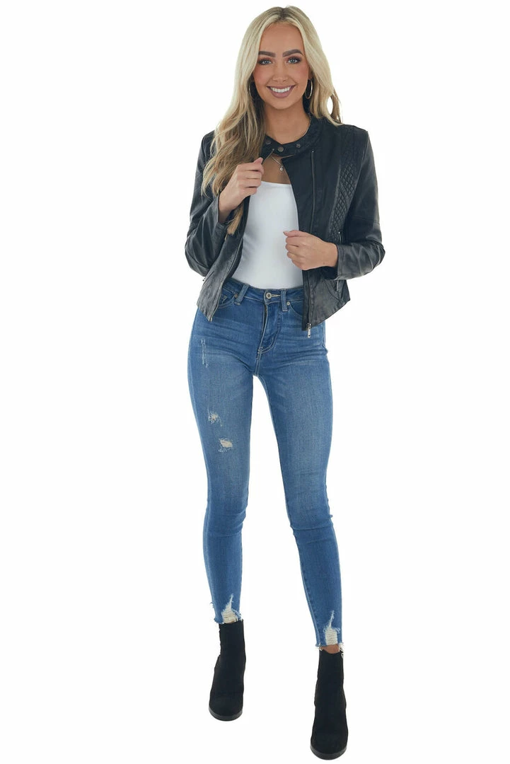 Coalition Black Faux Leather Quilted Detail Moto Jacket Outerwear 5 Coalition Black Faux Leather Quilted Detail Moto Jacket Outerwear