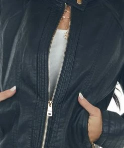 Coalition Outerwear Black Faux Leather Zip Up Stand Collar Jacket