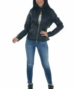 Coalition Outerwear Black Faux Leather Zip Up Stand Collar Jacket