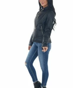 Coalition Outerwear Black Faux Leather Zip Up Stand Collar Jacket