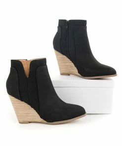 CCOCCI Black Faux Suede Stacked Wedge Bootie Shoes
