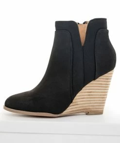 CCOCCI Black Faux Suede Stacked Wedge Bootie Shoes