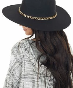 Fame Accessories Black Felt Flat Brim Western Style Hat With Chain Detail