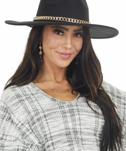 Fame Accessories Black Felt Flat Brim Western Style Hat With Chain Detail