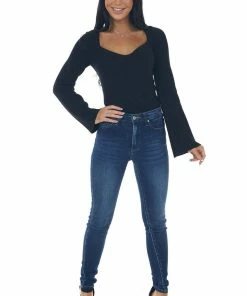 Do + Be Tops Black Flare Sleeve Side Slit Ribbed Sweater